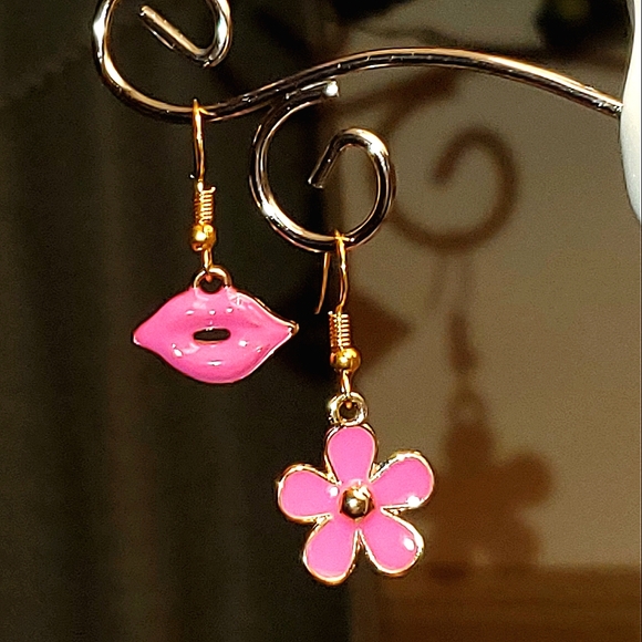 Rose Red series asymmetrical enamel & alloy charm earrings. Pair #12. - Picture 2 of 3